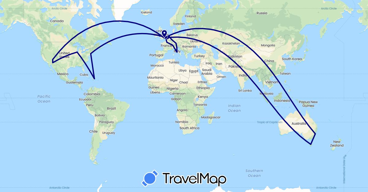TravelMap itinerary: driving in Australia, Belgium, Switzerland, Germany, Dominican Republic, France, United Kingdom, Italy, Netherlands, United States (Europe, North America, Oceania)